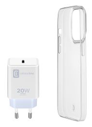 Cellularline Starter Kit - iPhone 14 Plus Kit di accessori per la ricarica e la protezione di iPhone Bianco, Trasparente