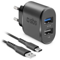 SBS caricabatterie da parete dotato di 2 porte USB con cavo Type-C 
